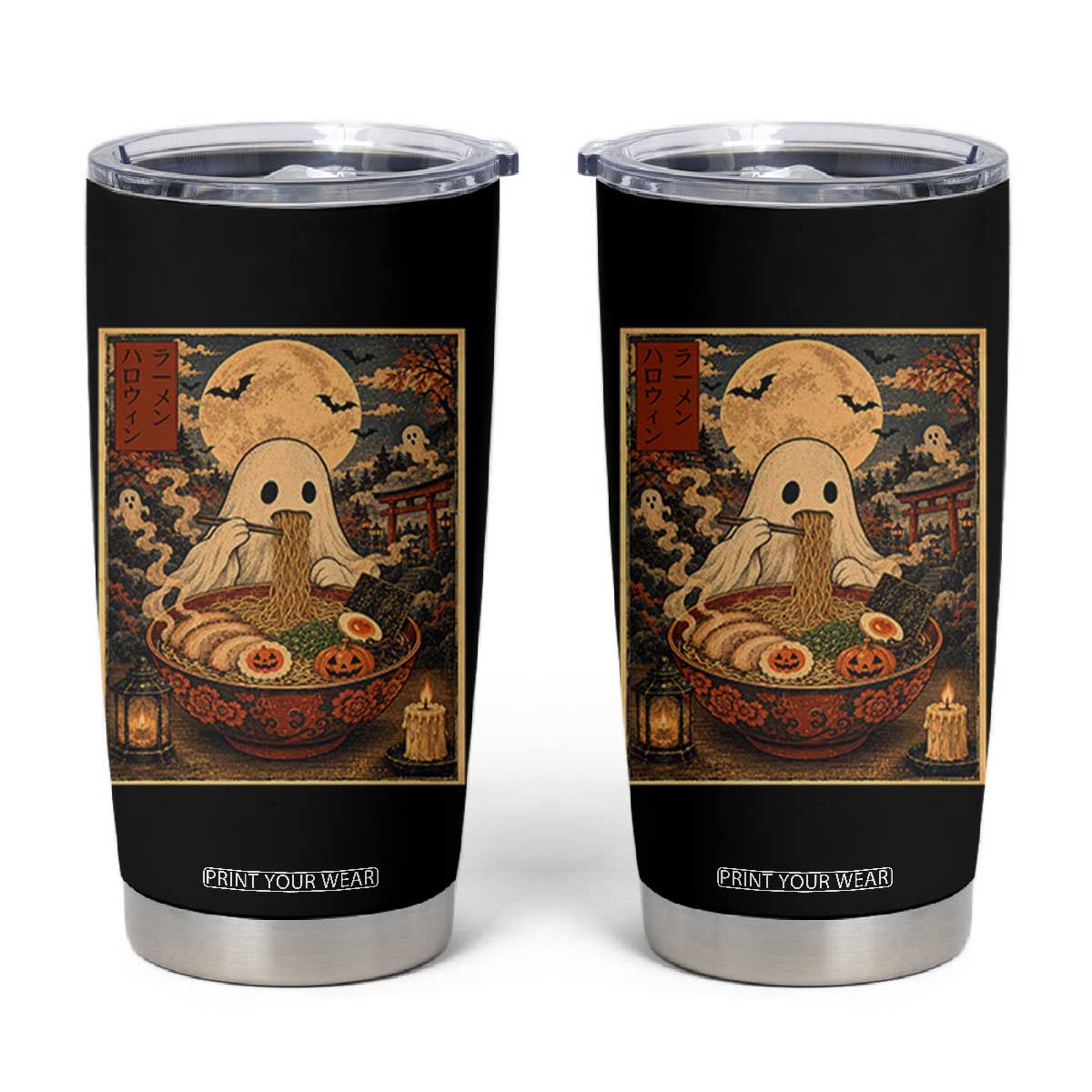 Kawaii Ghost Eating Ramen Noodles Tumbler Cup Japanese Halloween Style