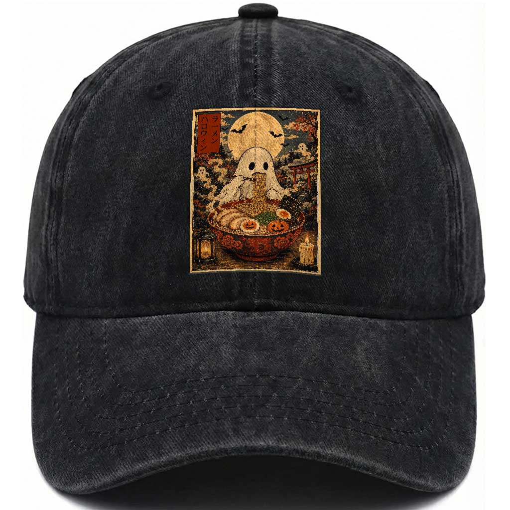 Kawaii Ghost Eating Ramen Noodles Washed Cotton Baseball Cap Japanese Halloween Style