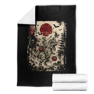 Skeleton Riding Mummy Dinosaur Throw Blanket Japanese Ukiyoe Halloween Spooky Style