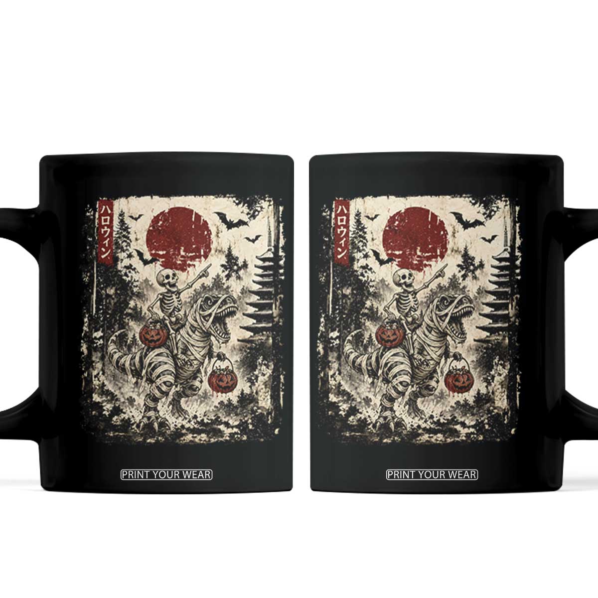 Skeleton Riding Mummy Dinosaur Coffee Mug Japanese Ukiyoe Halloween Spooky Style