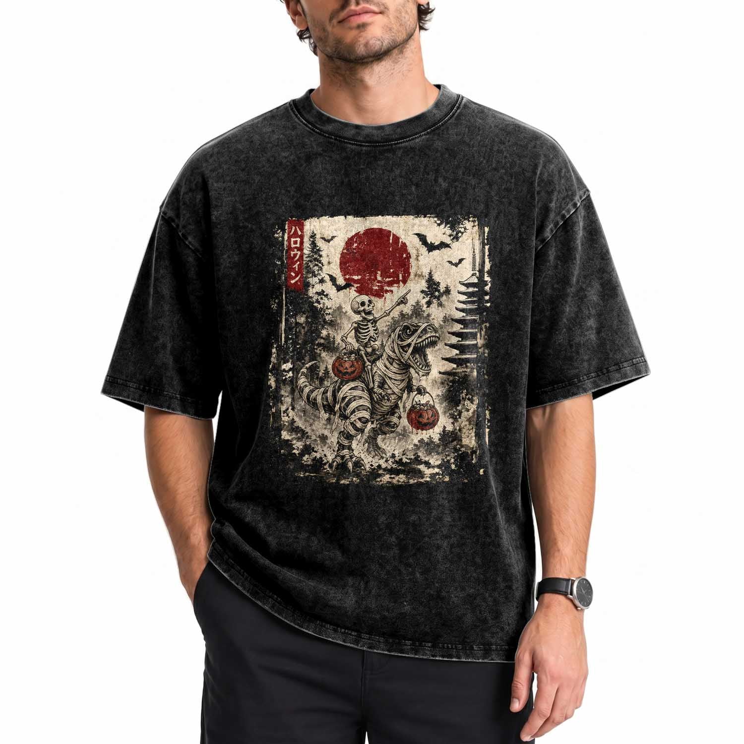 Skeleton Riding Mummy Dinosaur Washed Cotton T-Shirt Japanese Ukiyoe Halloween Spooky Style
