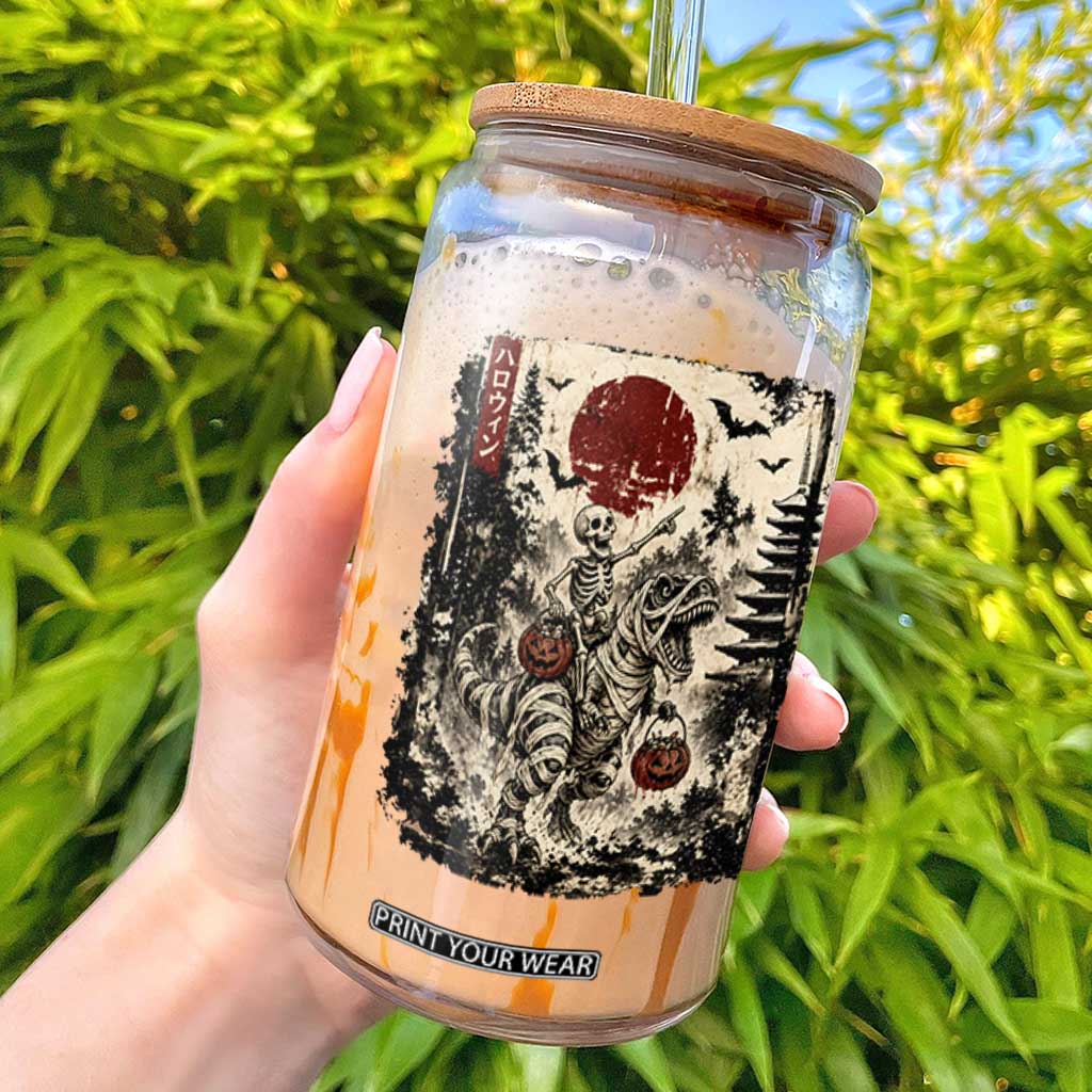 Skeleton Riding Mummy Dinosaur Glass Can Japanese Ukiyoe Halloween Spooky Style