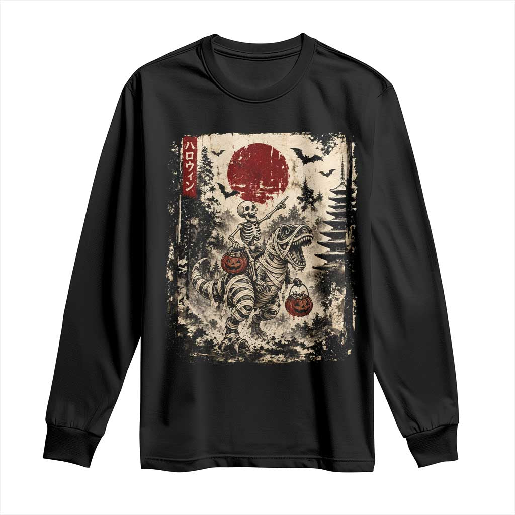 Skeleton Riding Mummy Dinosaur Long Sleeve Shirt Japanese Ukiyoe Halloween Spooky Style