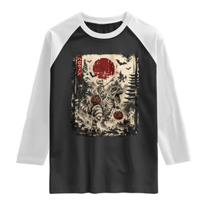 Skeleton Riding Mummy Dinosaur Raglan Shirt Japanese Ukiyoe Halloween Spooky Style