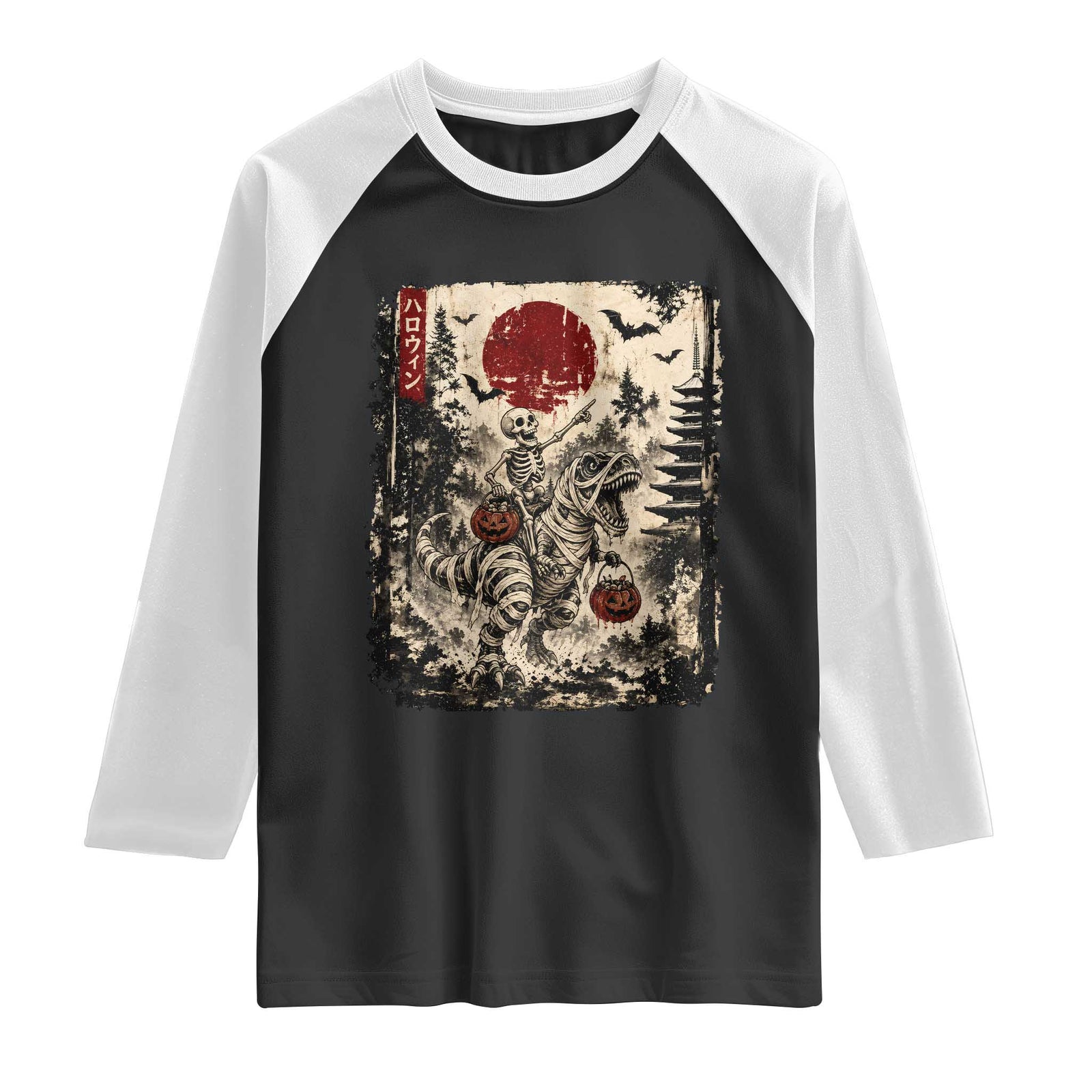 Skeleton Riding Mummy Dinosaur Raglan Shirt Japanese Ukiyoe Halloween Spooky Style
