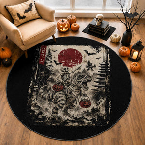 Skeleton Riding Mummy Dinosaur Round Rug Japanese Ukiyoe Halloween Spooky Style
