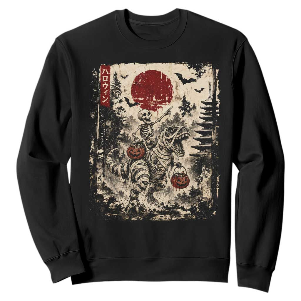 Skeleton Riding Mummy Dinosaur Sweatshirt Japanese Ukiyoe Halloween Spooky Style