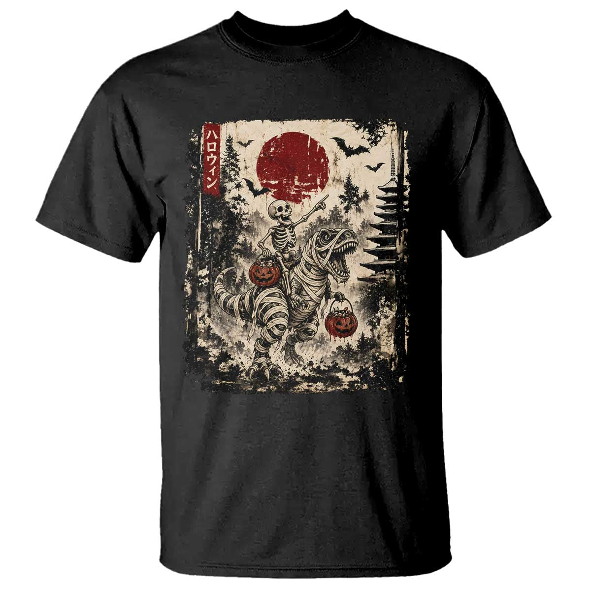 Skeleton Riding Mummy Dinosaur T Shirt Japanese Ukiyoe Halloween Spooky Style