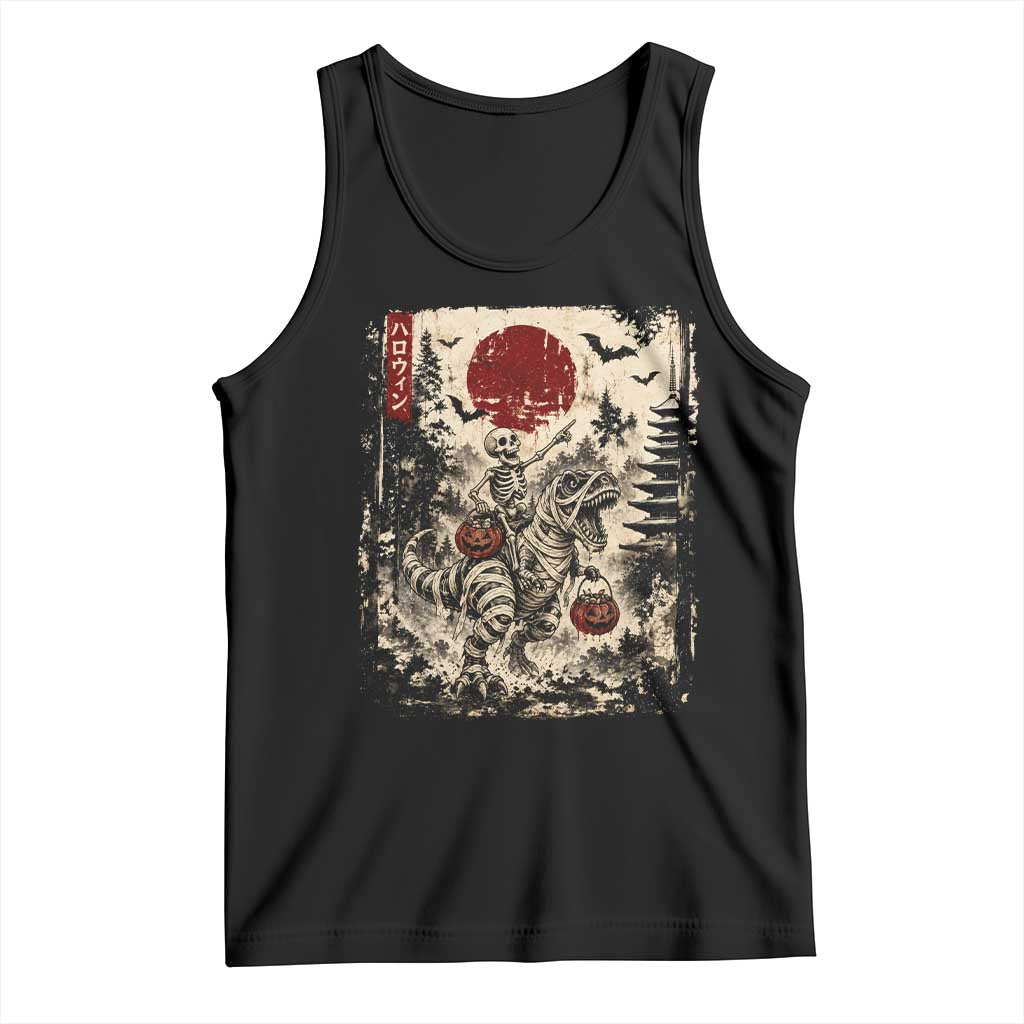 Skeleton Riding Mummy Dinosaur Tank Top Japanese Ukiyoe Halloween Spooky Style