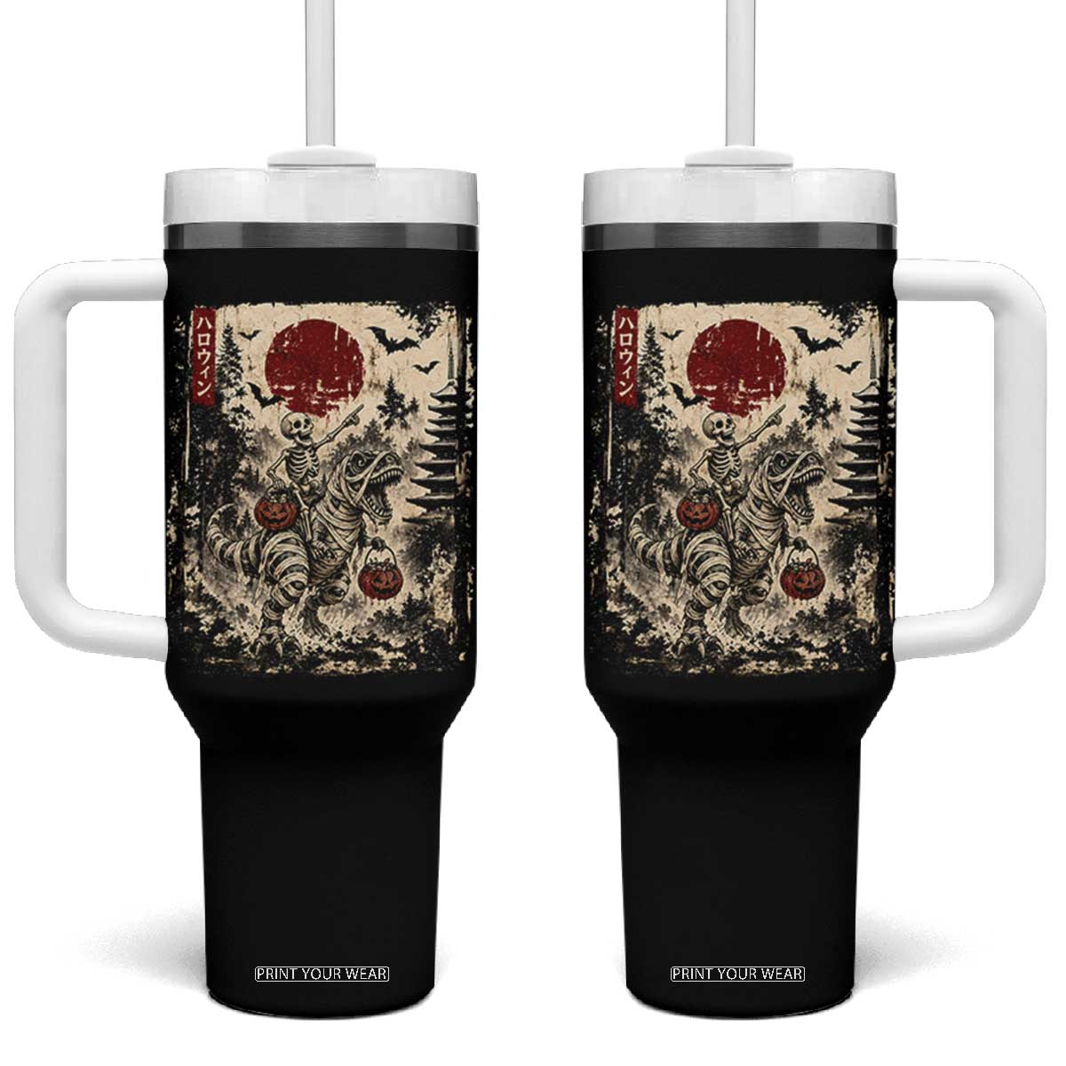 Skeleton Riding Mummy Dinosaur Tumbler With Handle Japanese Ukiyoe Halloween Spooky Style
