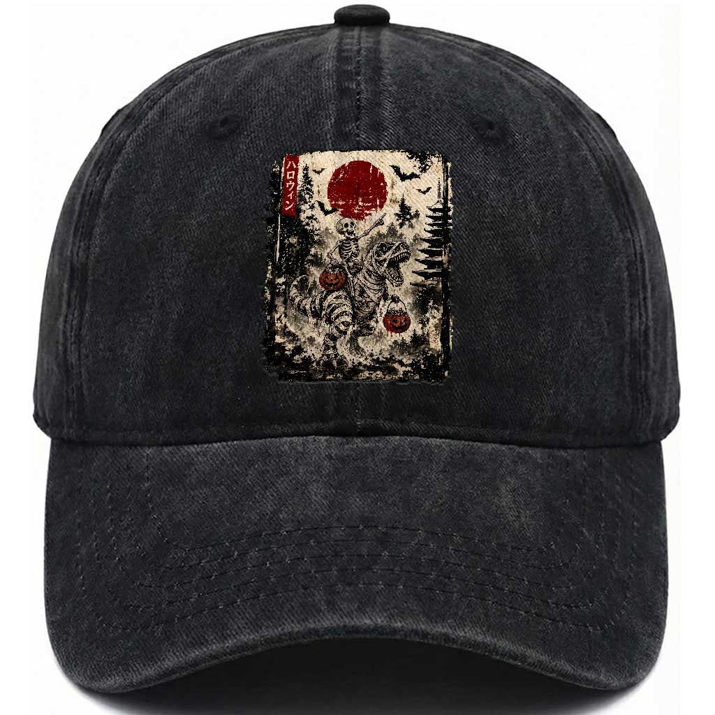 Skeleton Riding Mummy Dinosaur Washed Cotton Baseball Cap Japanese Ukiyoe Halloween Spooky Style