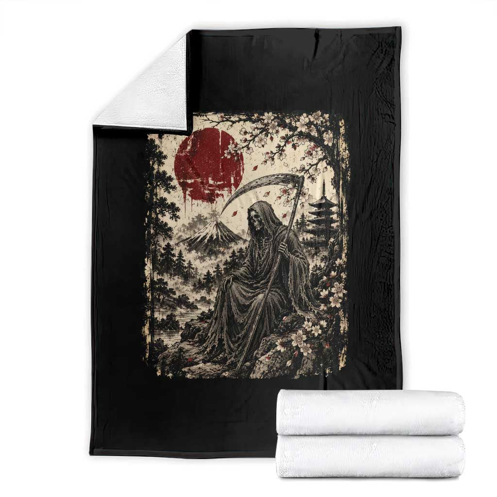 Japanese Grim Reaper Scythe Ukiyoe Throw Blanket Mount Fuji Sakura Dark Art