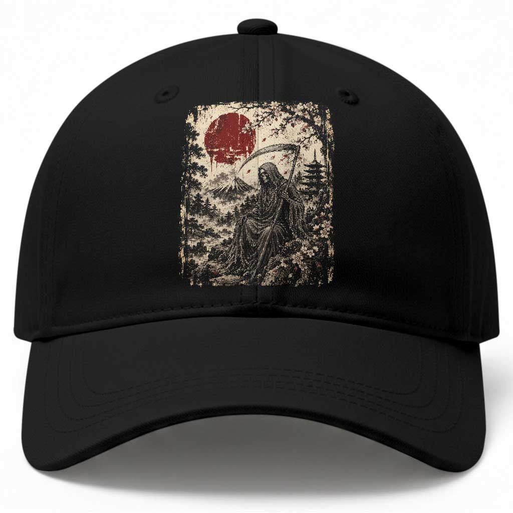 Japanese Grim Reaper Scythe Ukiyoe Baseball Cap Mount Fuji Sakura Dark Art