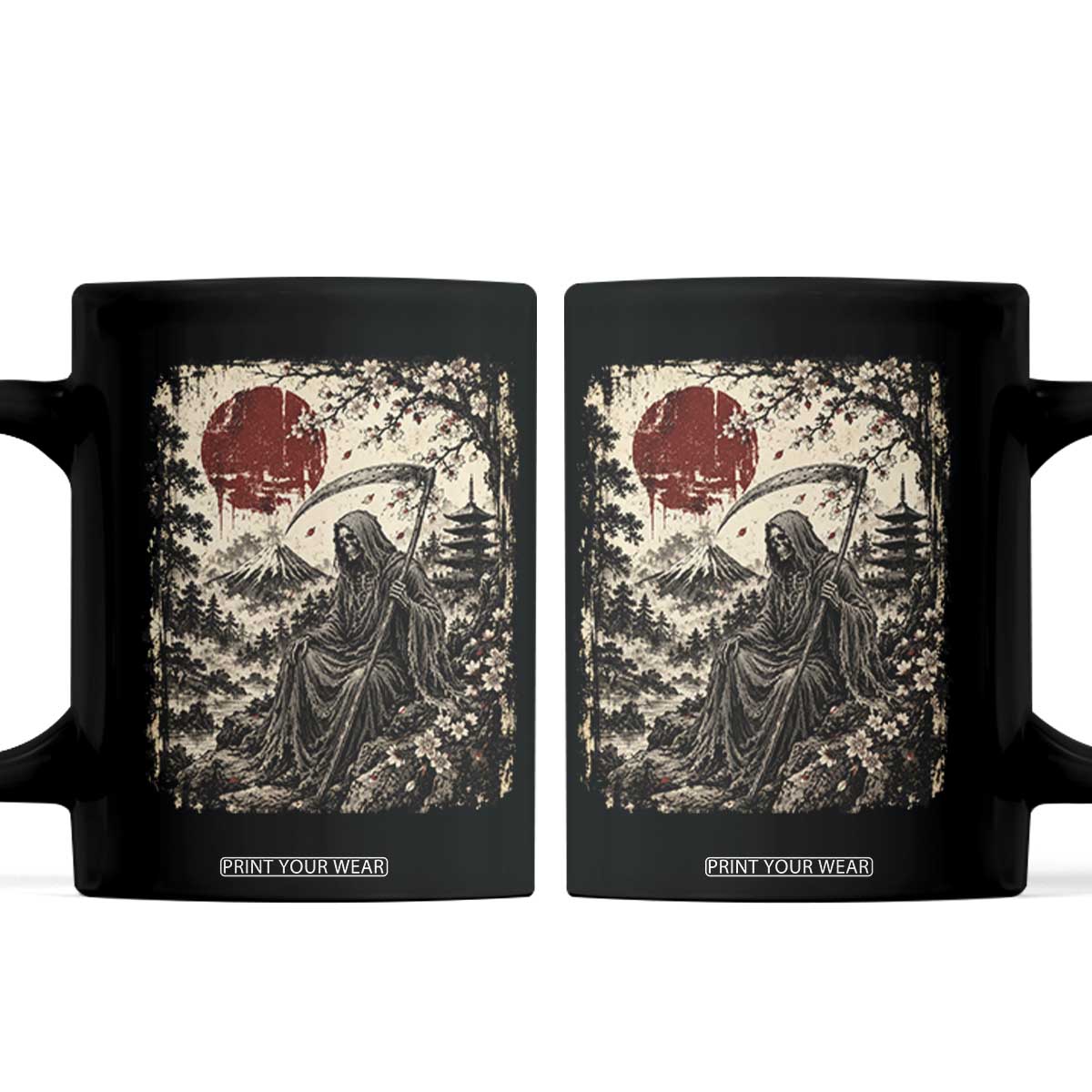 Japanese Grim Reaper Scythe Ukiyoe Coffee Mug Mount Fuji Sakura Dark Art