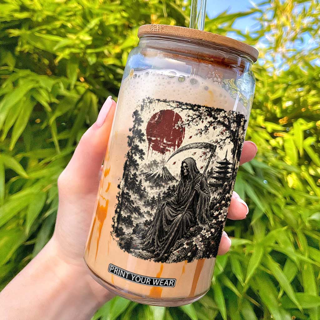 Japanese Grim Reaper Scythe Ukiyoe Glass Can Mount Fuji Sakura Dark Art