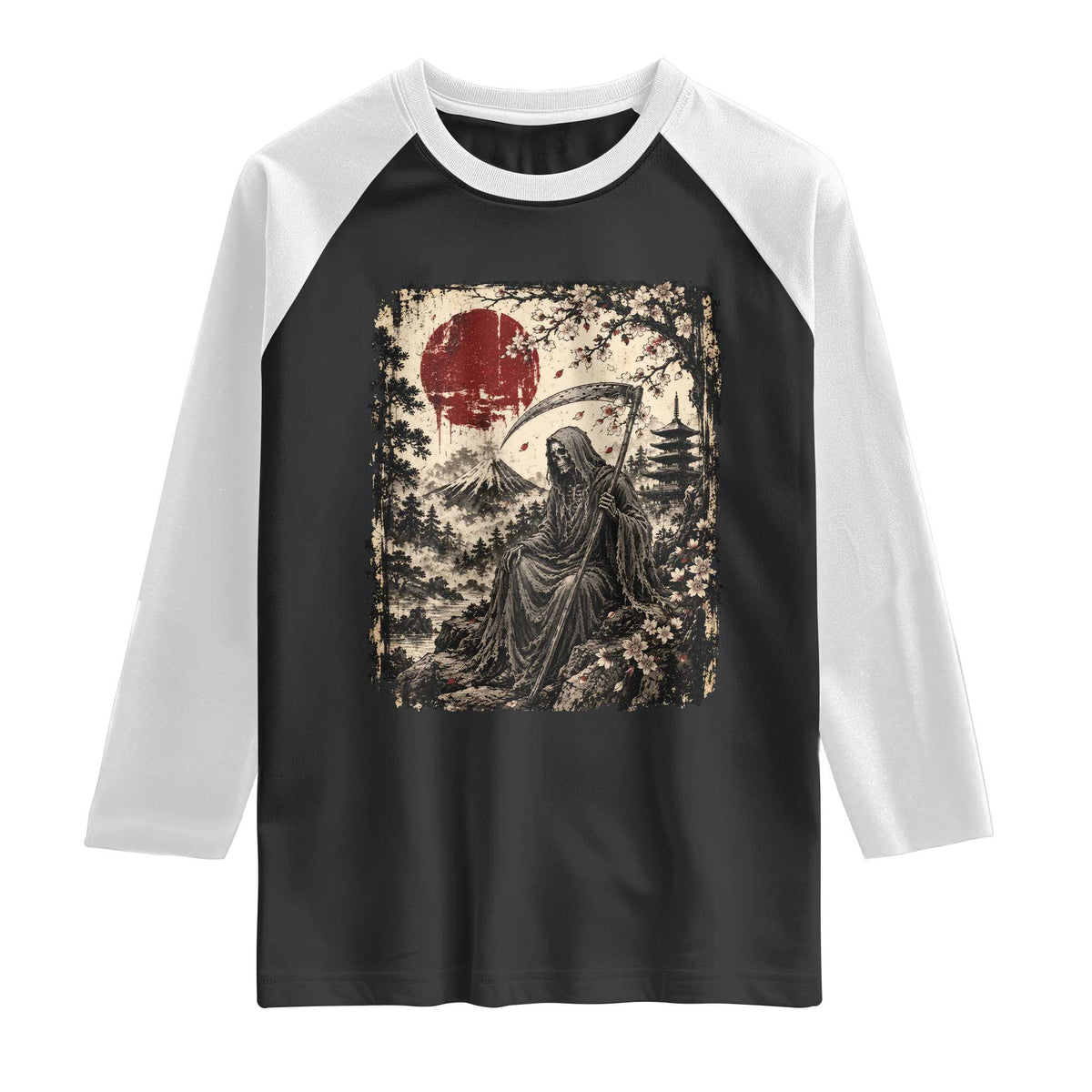 Japanese Grim Reaper Scythe Ukiyoe Raglan Shirt Mount Fuji Sakura Dark Art