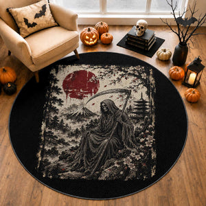 Japanese Grim Reaper Scythe Ukiyoe Round Rug Mount Fuji Sakura Dark Art