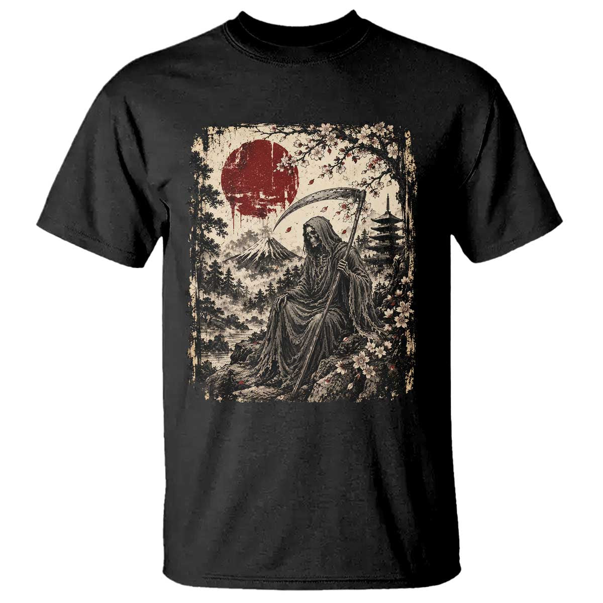 Japanese Grim Reaper Scythe Ukiyoe T Shirt Mount Fuji Sakura Dark Art