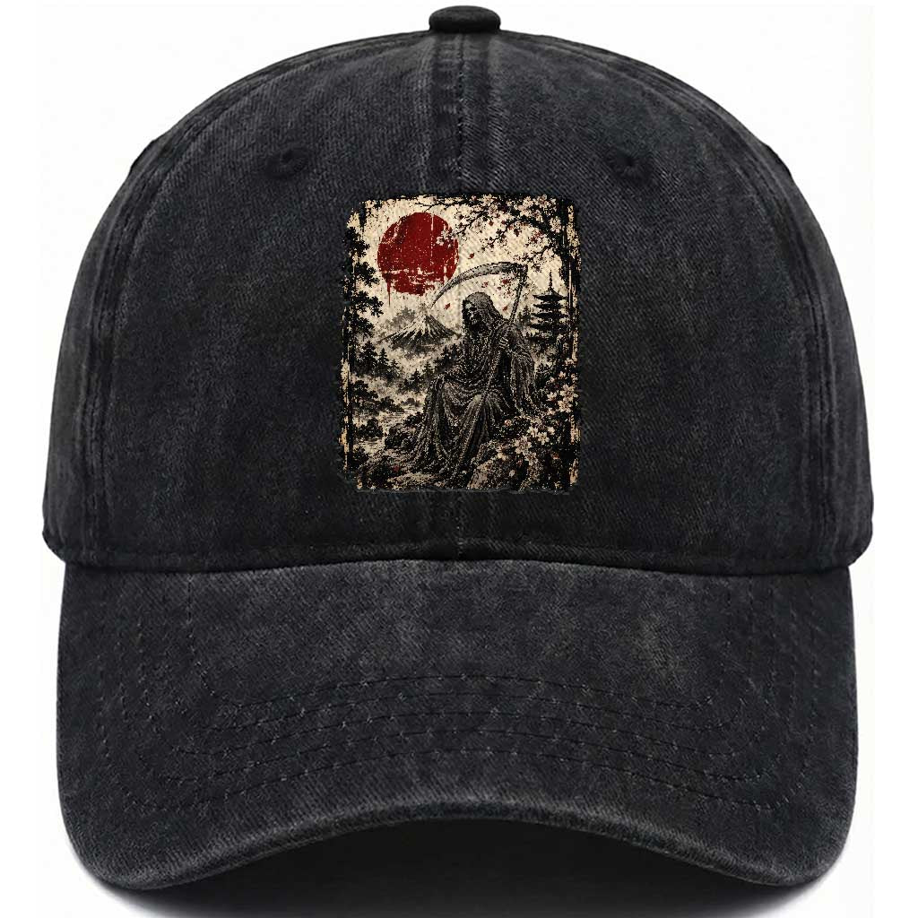 Japanese Grim Reaper Scythe Ukiyoe Washed Cotton Baseball Cap Mount Fuji Sakura Dark Art