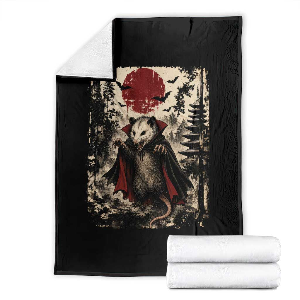 Vintage Vampire Opossum Halloween Throw Blanket Japanese Ukiyoe Blood Moon