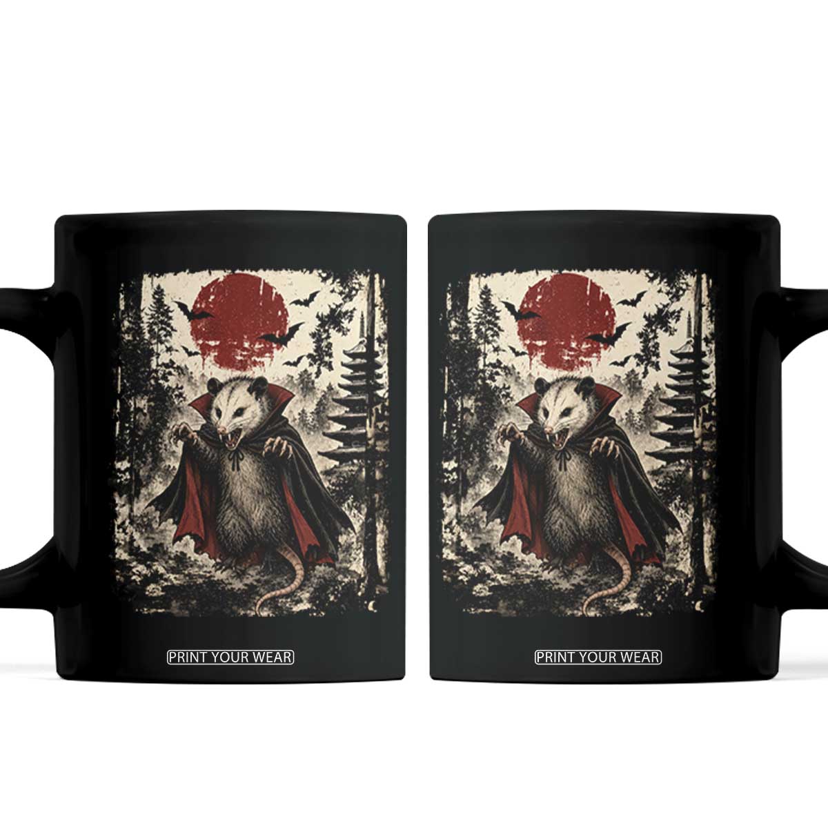 Vintage Vampire Opossum Halloween Coffee Mug Japanese Ukiyoe Blood Moon