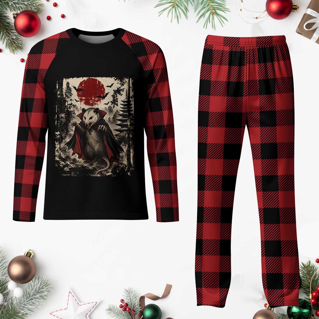 Vintage Vampire Opossum Halloween Plaid Pajama Set Japanese Ukiyoe Blood Moon