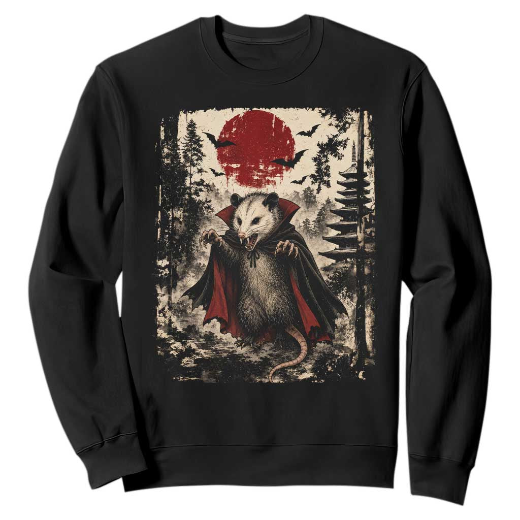 Vintage Vampire Opossum Halloween Sweatshirt Japanese Ukiyoe Blood Moon