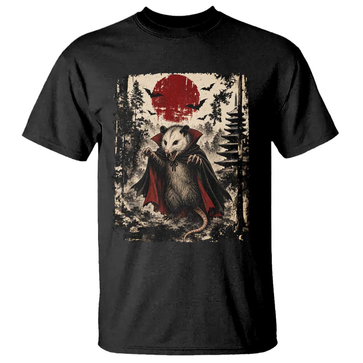 Vintage Vampire Opossum Halloween T Shirt Japanese Ukiyoe Blood Moon