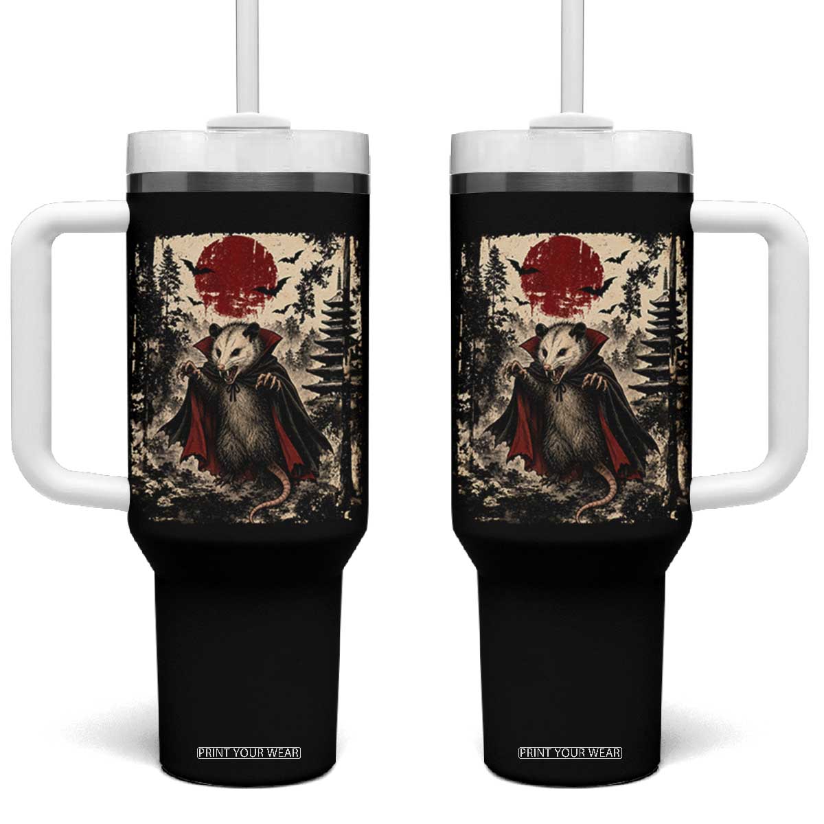 Vintage Vampire Opossum Halloween Tumbler With Handle Japanese Ukiyoe Blood Moon