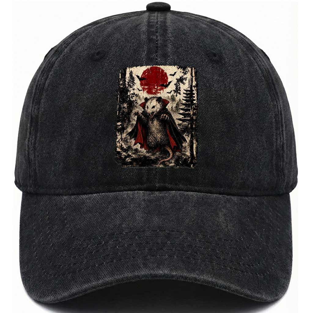 Vintage Vampire Opossum Halloween Washed Cotton Baseball Cap Japanese Ukiyoe Blood Moon