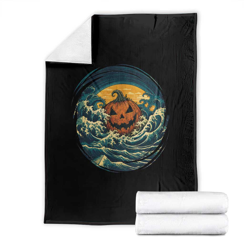 Japanese Halloween Pumpkin Throw Blanket Great Wave Off Kanagawa Ukiyoe Style