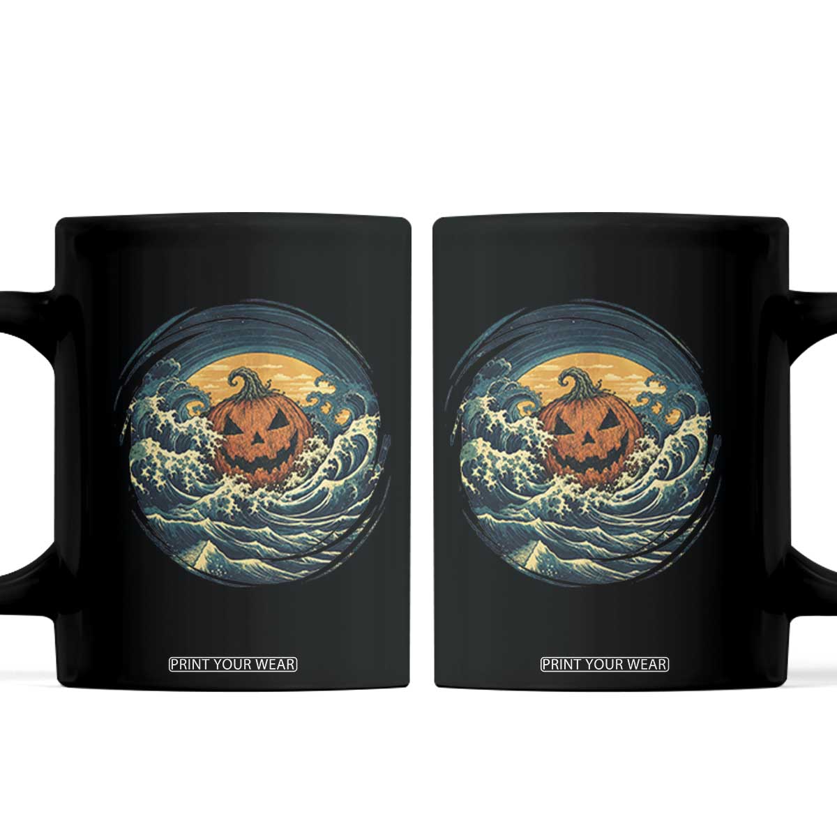 Japanese Halloween Pumpkin Coffee Mug Great Wave Off Kanagawa Ukiyoe Style