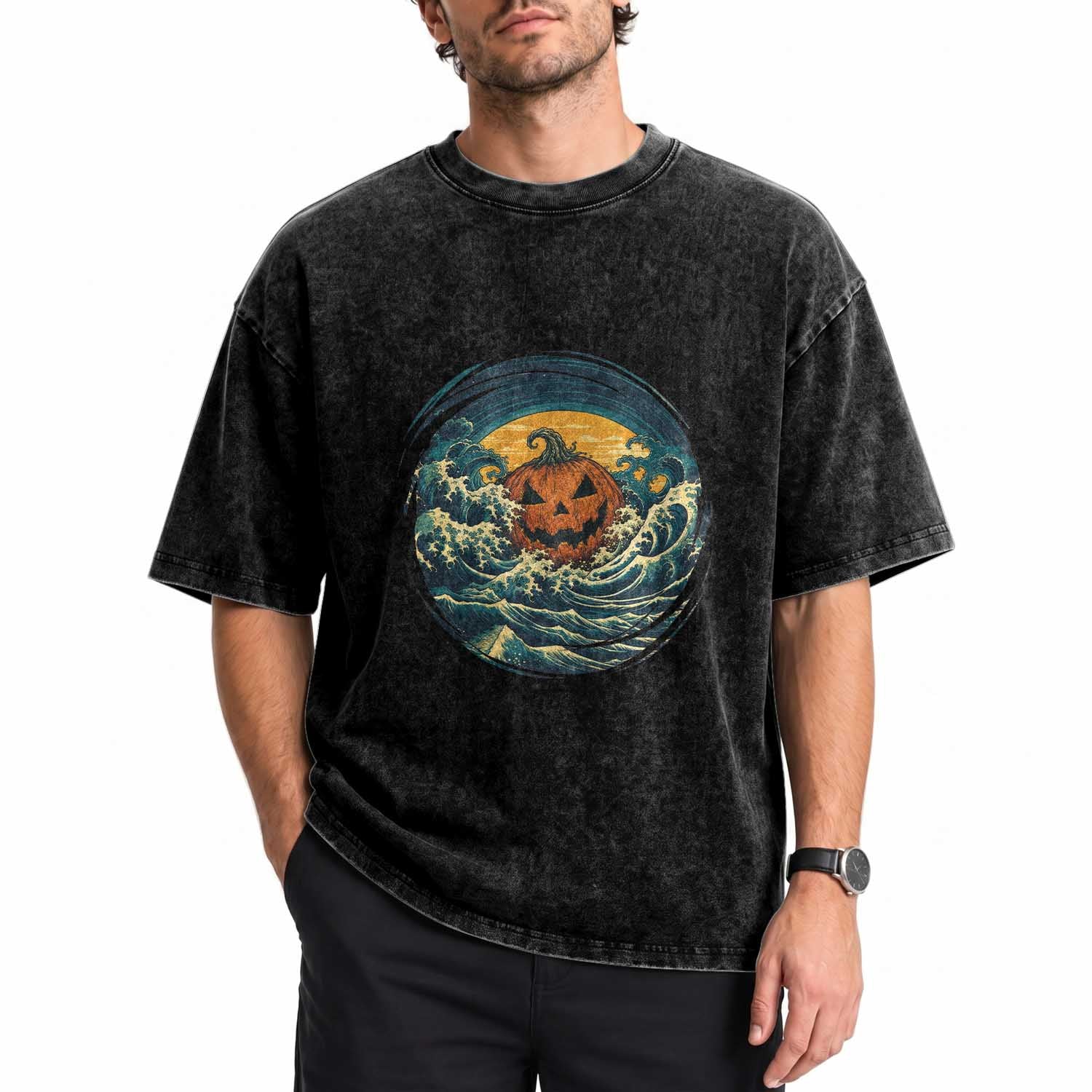 Japanese Halloween Pumpkin Washed Cotton T-Shirt Great Wave Off Kanagawa Ukiyoe Style