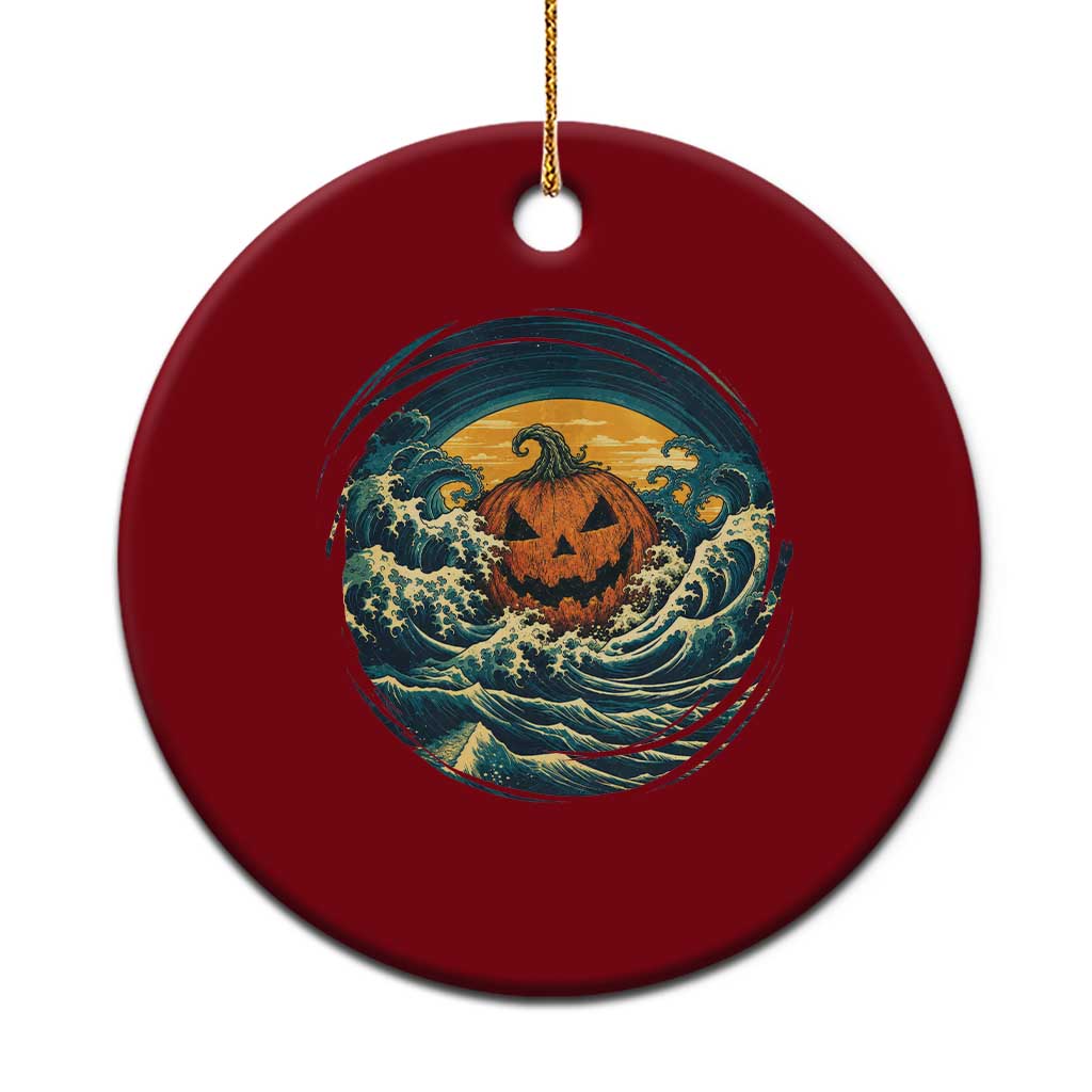 Japanese Halloween Pumpkin Ceramic Ornament Great Wave Off Kanagawa Ukiyoe Style