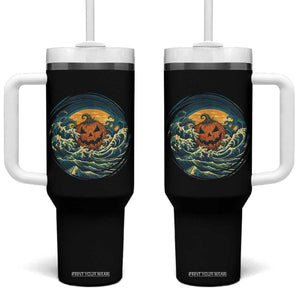 Japanese Halloween Pumpkin Tumbler With Handle Great Wave Off Kanagawa Ukiyoe Style
