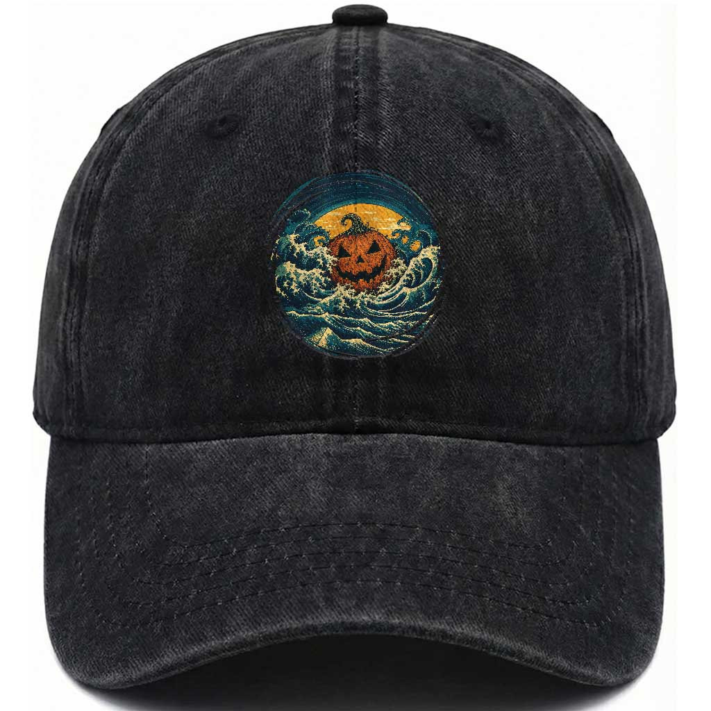 Japanese Halloween Pumpkin Washed Cotton Baseball Cap Great Wave Off Kanagawa Ukiyoe Style