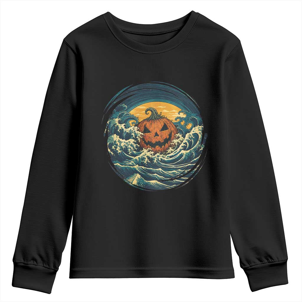 Japanese Halloween Pumpkin Youth Sweatshirt Great Wave Off Kanagawa Ukiyoe Style