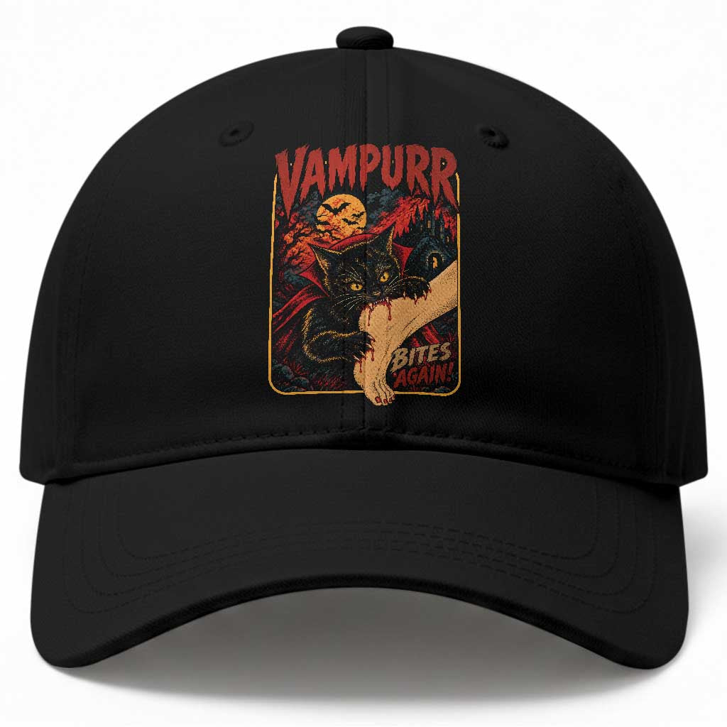 Funny Vampire Black Cat Baseball Cap Vampurr Bites Again Halloween Horror