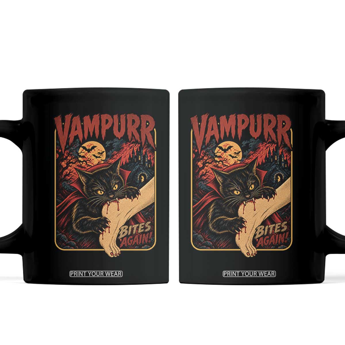 Funny Vampire Black Cat Coffee Mug Vampurr Bites Again Halloween Horror