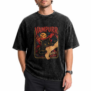 Funny Vampire Black Cat Washed Cotton T-Shirt Vampurr Bites Again Halloween Horror