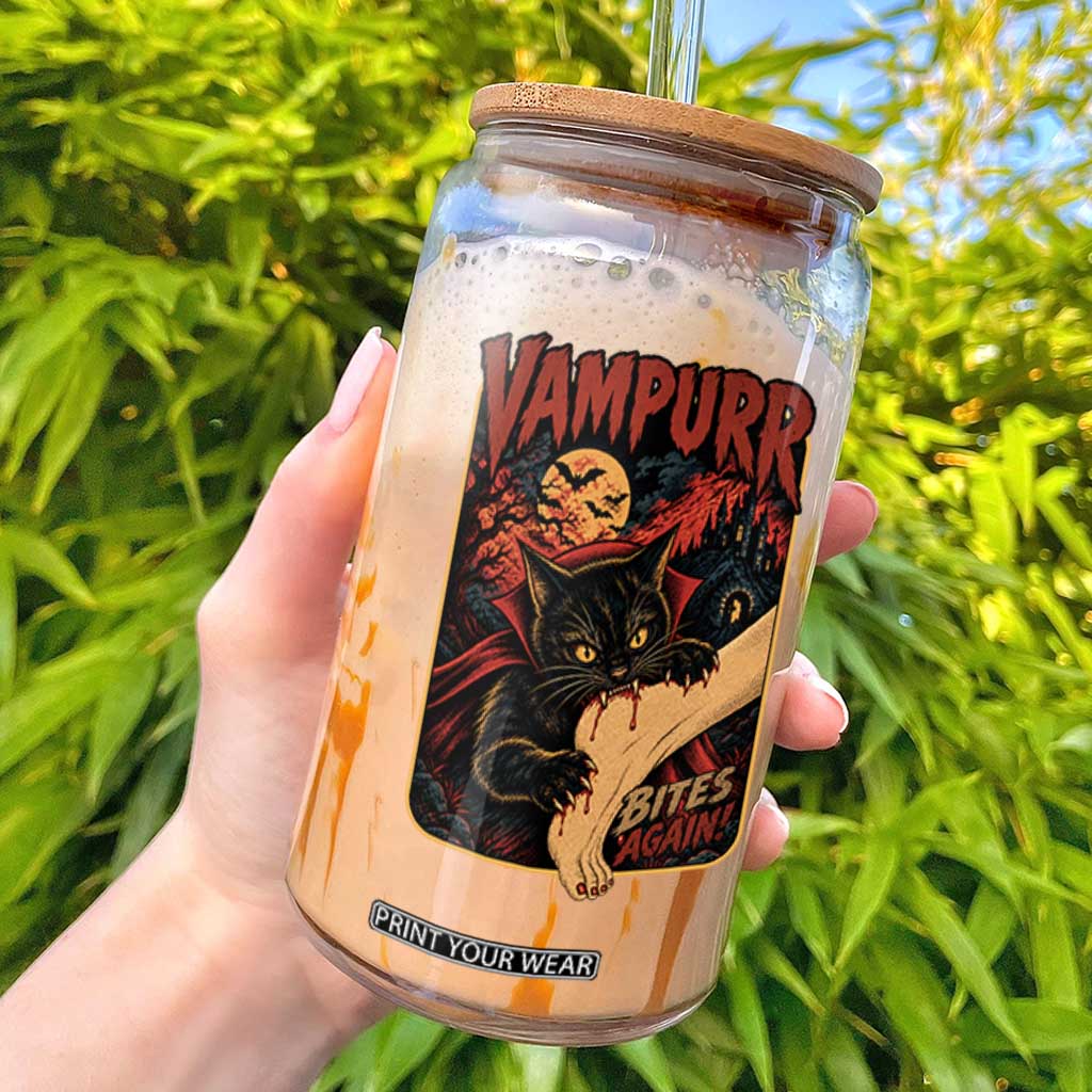 Funny Vampire Black Cat Glass Can Vampurr Bites Again Halloween Horror