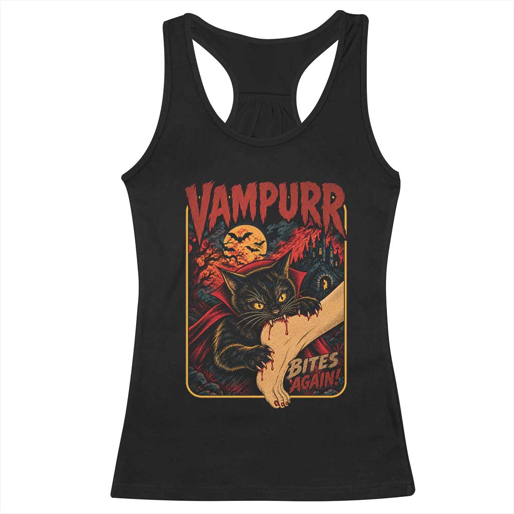 Funny Vampire Black Cat Racerback Tank Top Vampurr Bites Again Halloween Horror