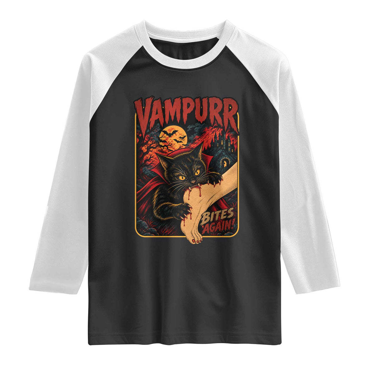 Funny Vampire Black Cat Raglan Shirt Vampurr Bites Again Halloween Horror