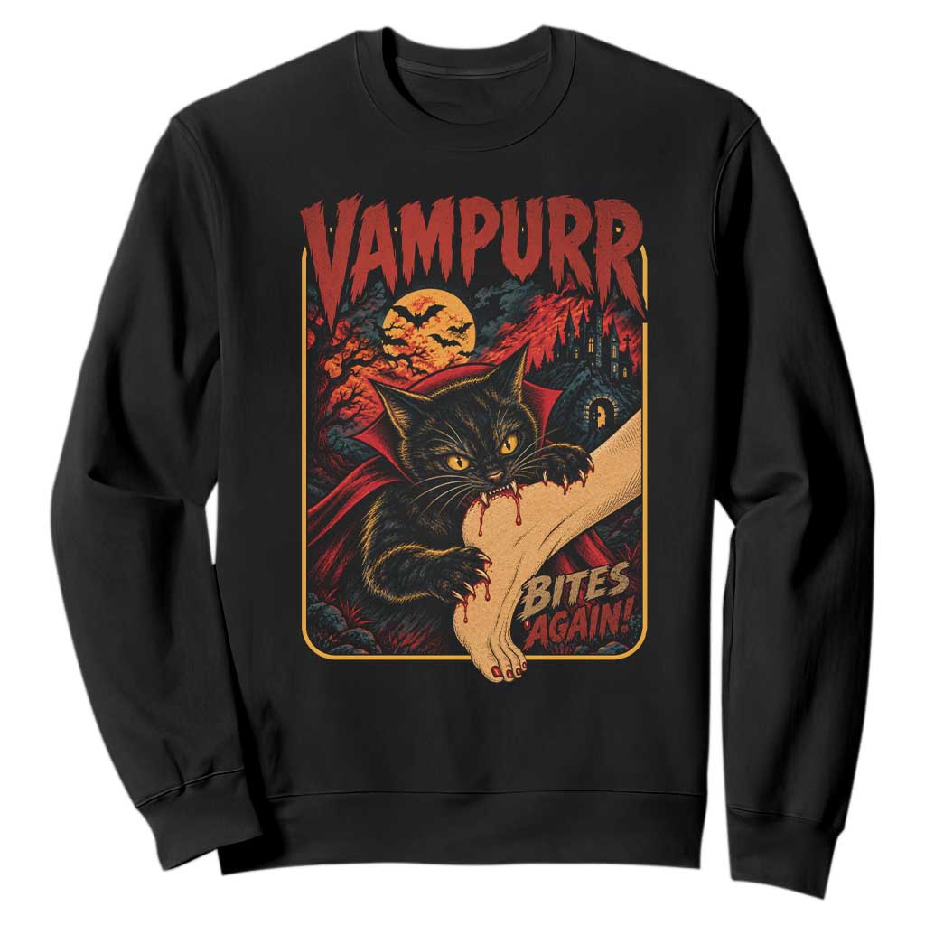 Funny Vampire Black Cat Sweatshirt Vampurr Bites Again Halloween Horror