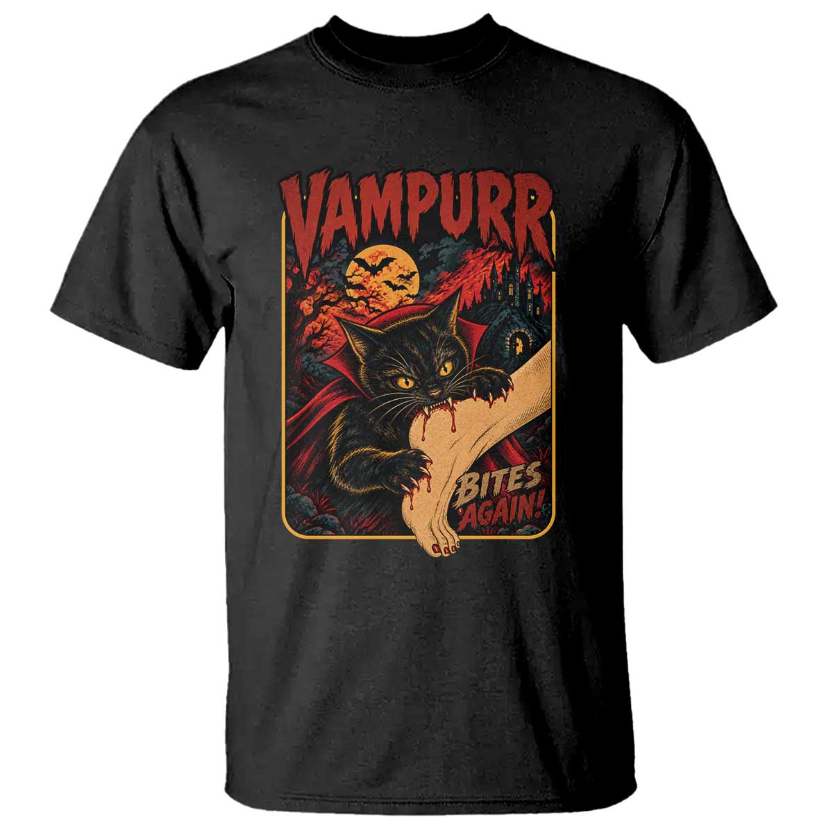 Funny Vampire Black Cat T Shirt Vampurr Bites Again Halloween Horror