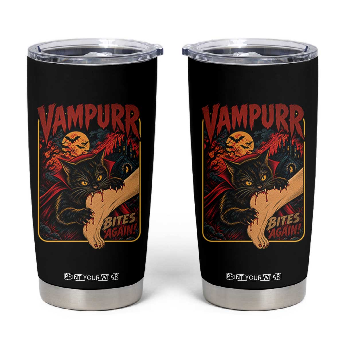 Funny Vampire Black Cat Tumbler Cup Vampurr Bites Again Halloween Horror