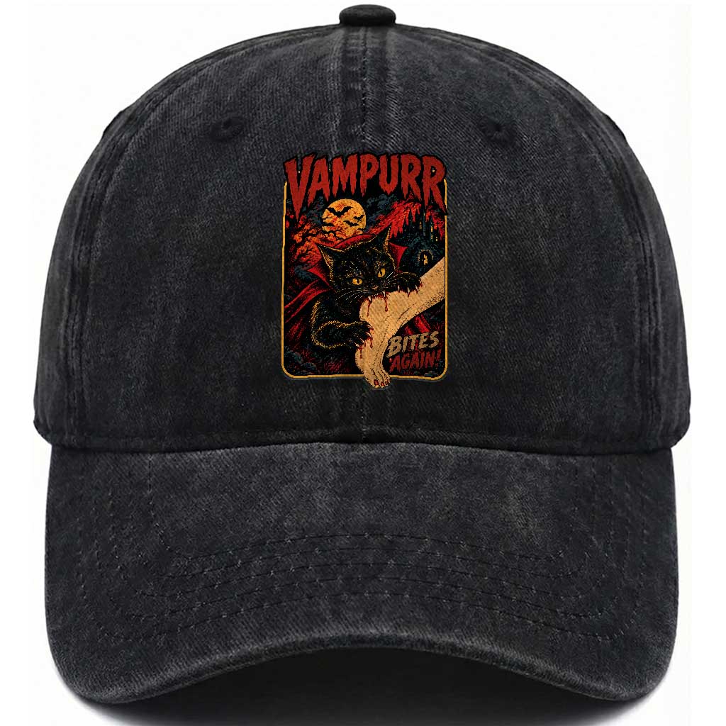 Funny Vampire Black Cat Washed Cotton Baseball Cap Vampurr Bites Again Halloween Horror