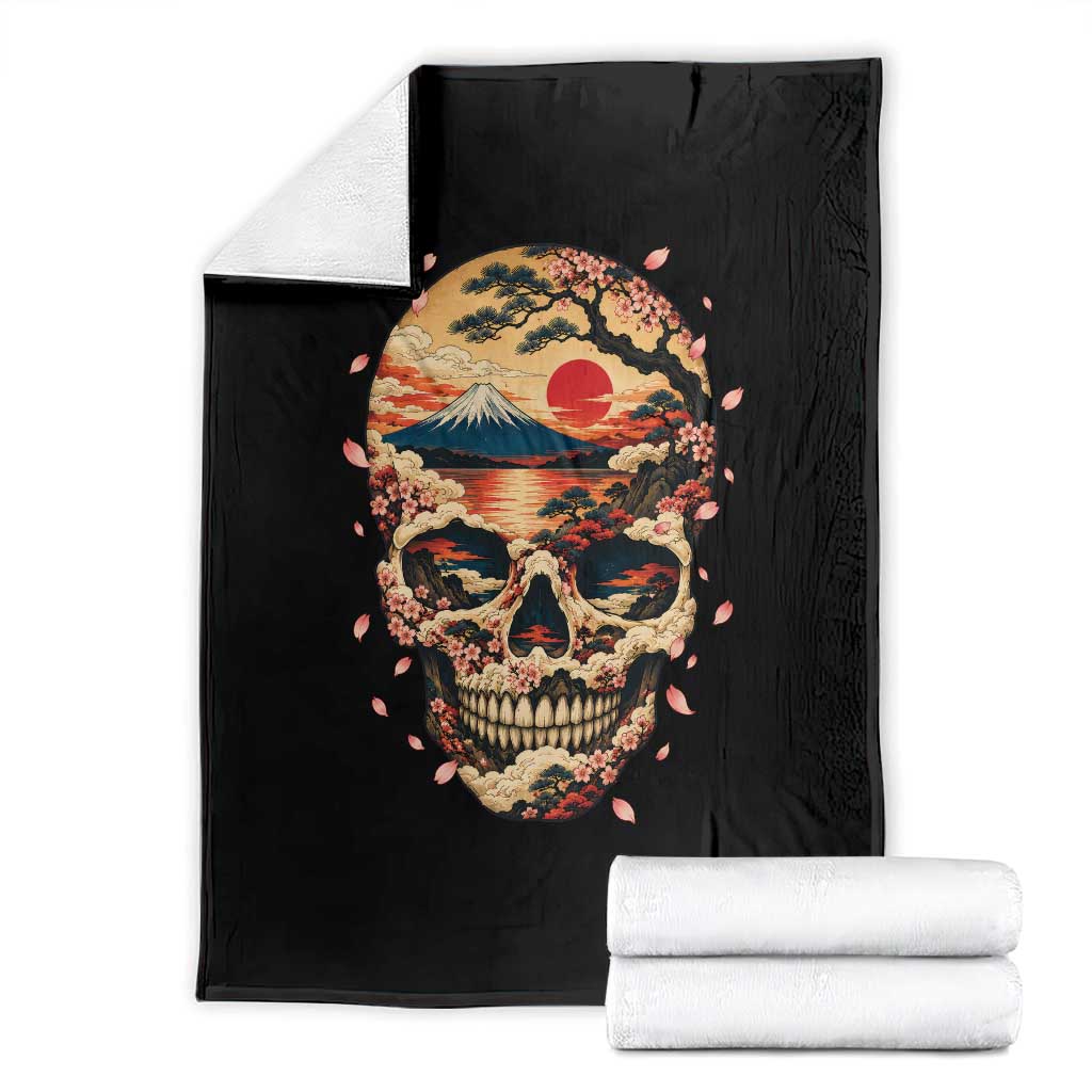 Mount Fuji Skull Japanese Ukiyoe Throw Blanket Red Sunset Sakura Kanji Dark Art