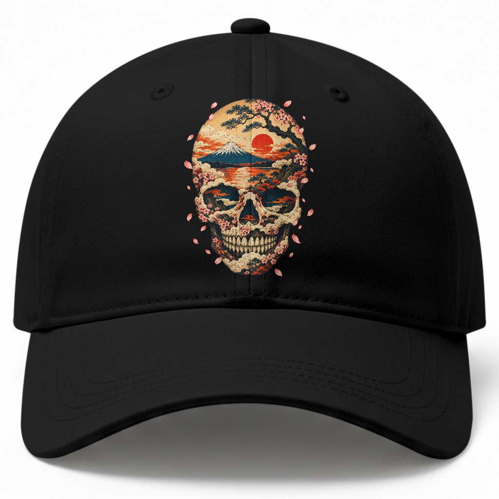 Mount Fuji Skull Japanese Ukiyoe Baseball Cap Red Sunset Sakura Kanji Dark Art