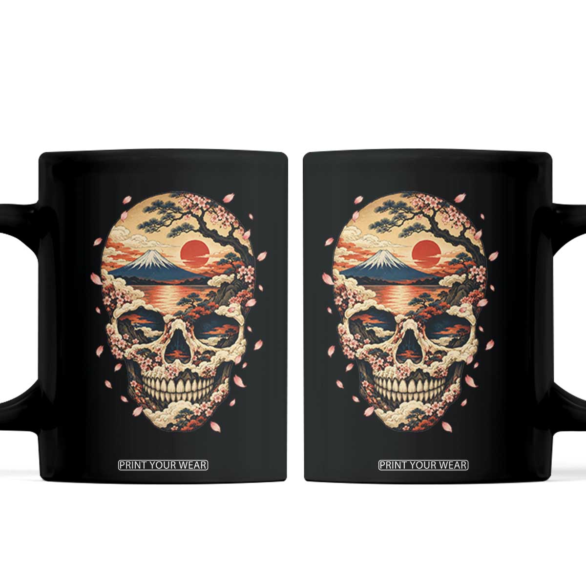 Mount Fuji Skull Japanese Ukiyoe Coffee Mug Red Sunset Sakura Kanji Dark Art